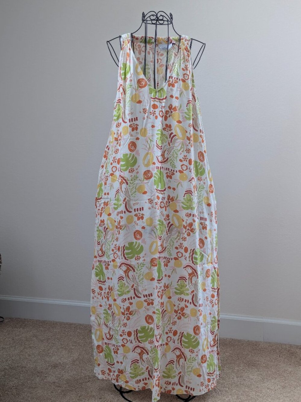 C&C California Linen Blend Tropical Bird Maxi Dress Size S Pockets